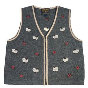 Women's Woolrich Gray 100% Wool Zip Vest Sheep Flower Pattern Size Small